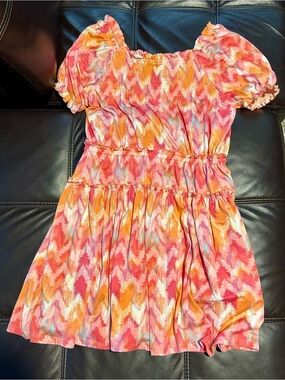 BCBG Girls Pink & Orange Ikat Smocked Tiered Dress size L (14-16)